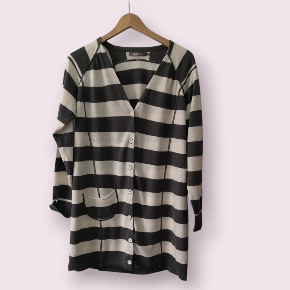 Gray and Cream Striped Button-Front Long Cardigan